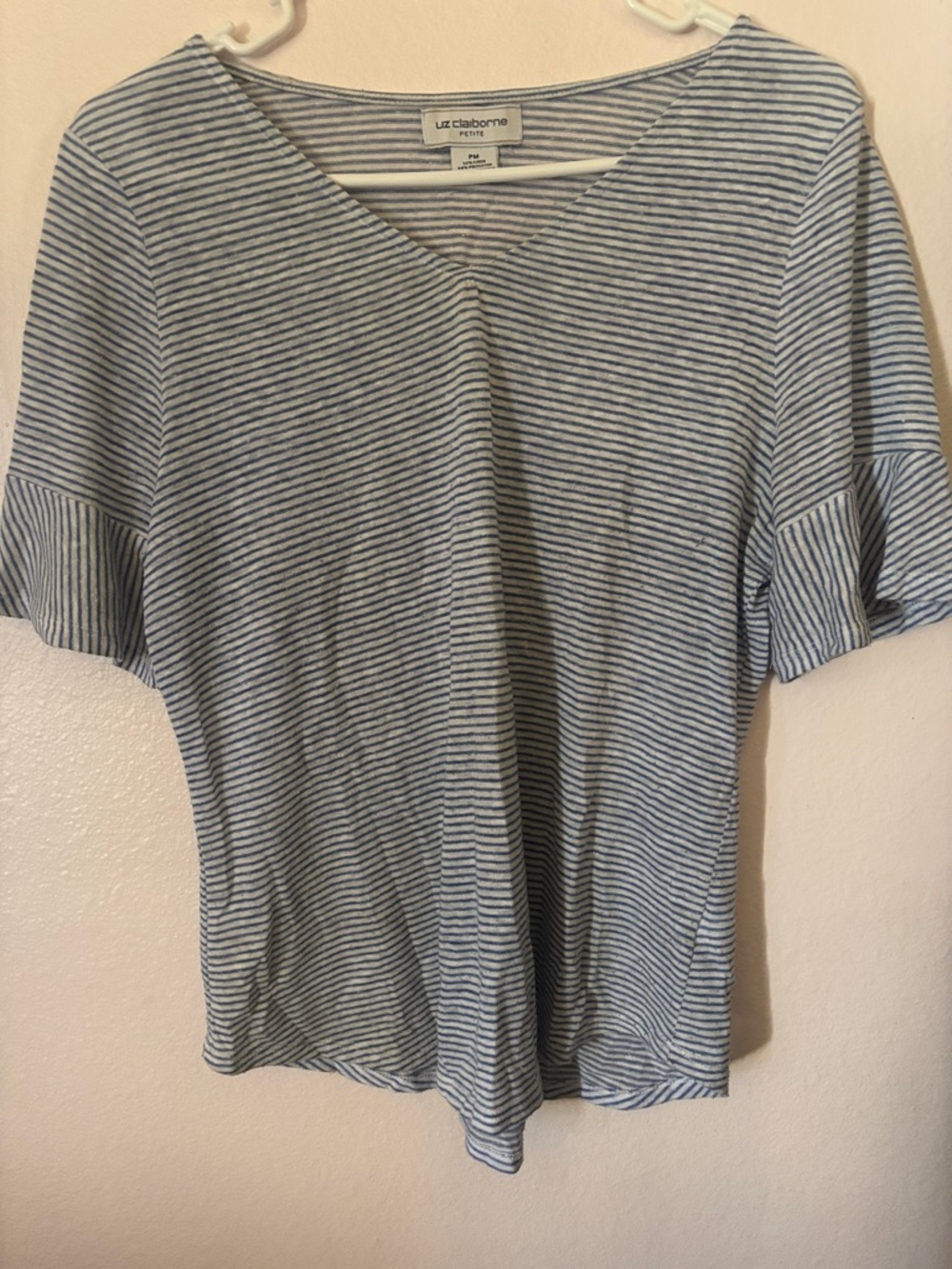 Liz Claiborne Womans Blue and White Striped Short Sleeve Top, Size PM